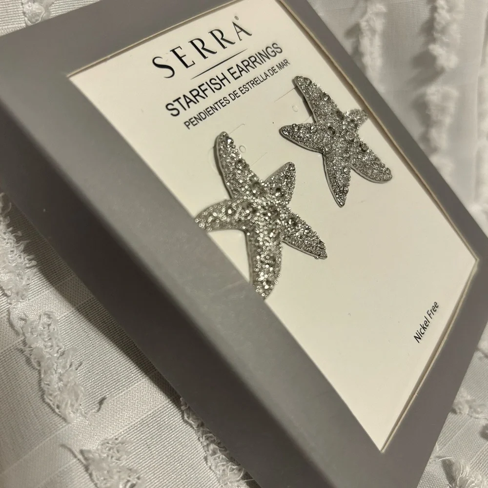 Serra Starfish Earrings Silver Tone Rhinestone Nautical‎ Studs Nickel Free NEW